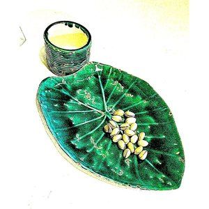 Emerald Green Leaf Large Ceramic Dish Plate & Bowl Set / 2 Speckled Vintage Rare